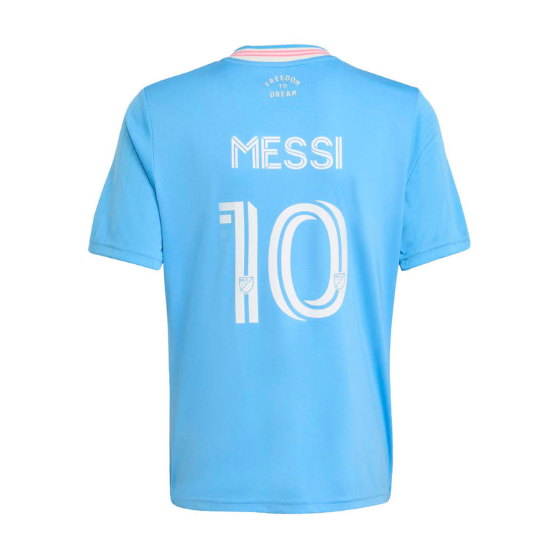 Youth light-blue soccer jersey back showing 'MESSI' and large '10' number