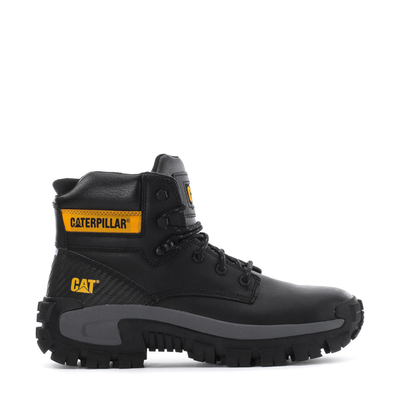 Men's steel-toe work boot, black leather-look with CAT and Caterpillar logos, rugged sole