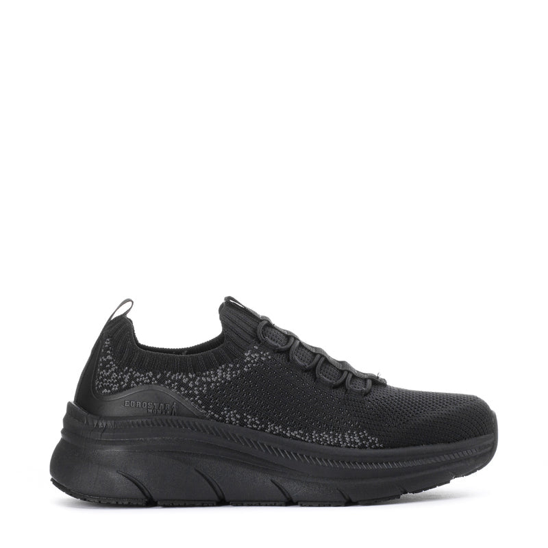 Black women's lace-up knit sneaker with textured upper and chunky rubber sole