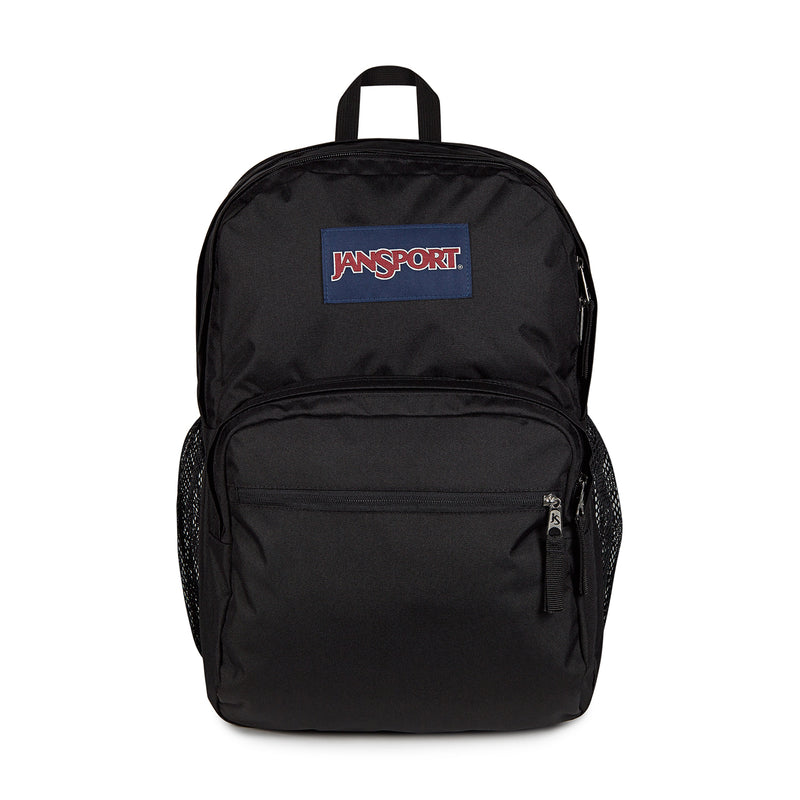 Black Jansport backpack with top handle and front zip pocket