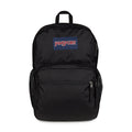 Black Jansport backpack with top handle and front zip pocket