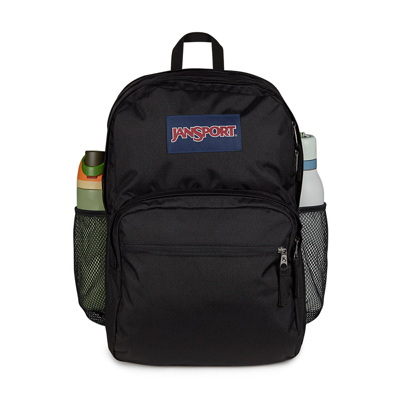 Black Jansport backpack with front zip pocket and mesh side bottle pocket