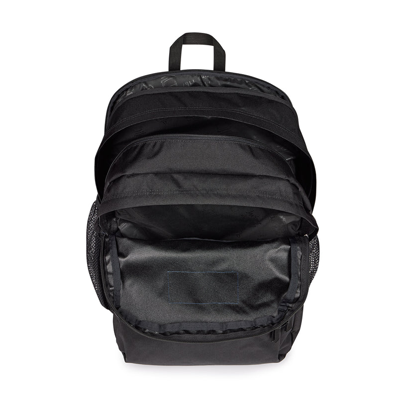 Black Jansport backpack shown from back with mesh side panels and two straps
