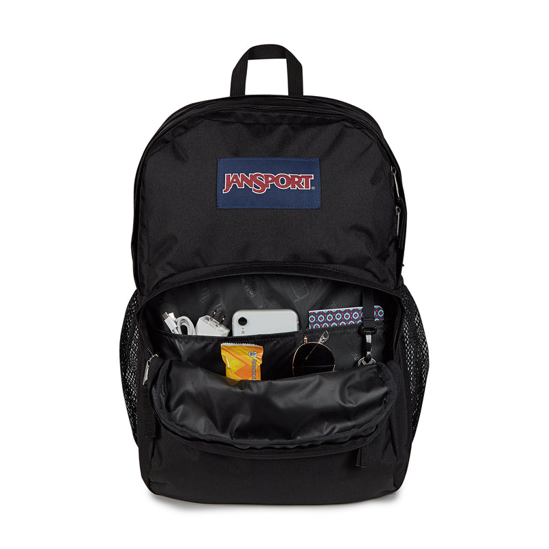 Black Jansport backpack with open front compartment and organized pockets