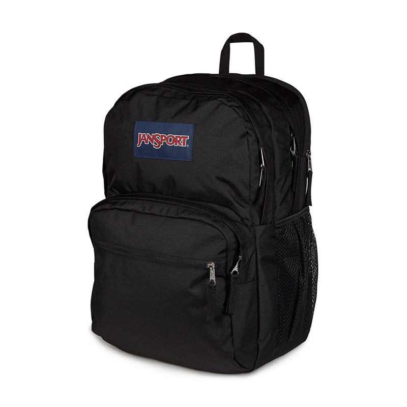 Black Jansport backpack with front zip pocket and mesh side panel