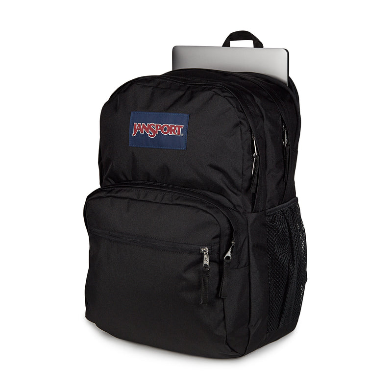 Black Jansport backpack with padded laptop sleeve, top handle, and front zip