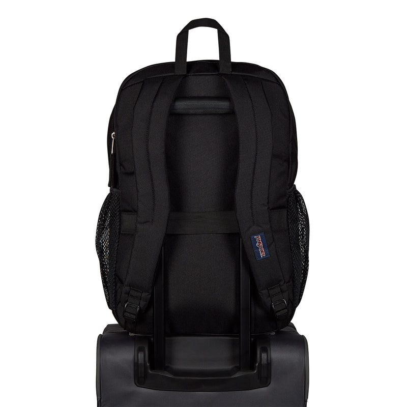 Black Jansport backpack with adjustable shoulder straps and padded back panel