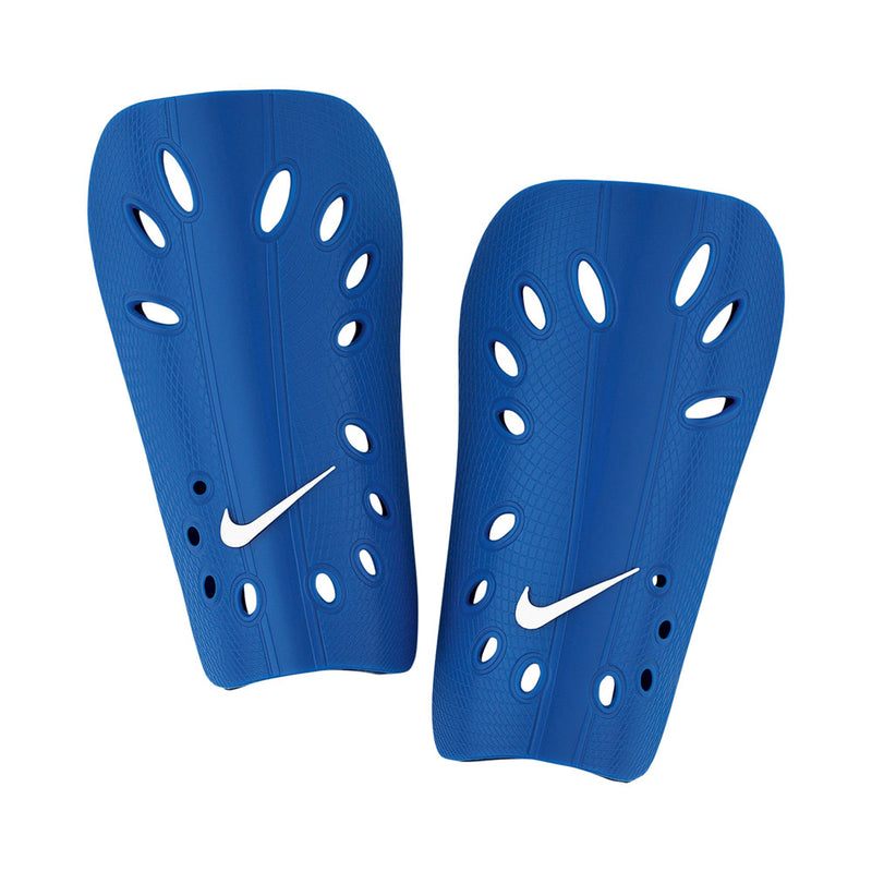 Royal blue shin guards with perforated design and Nike swoosh logo