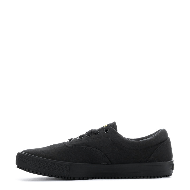 Men's black lace-up sneaker, low profile, textured rubber outsole