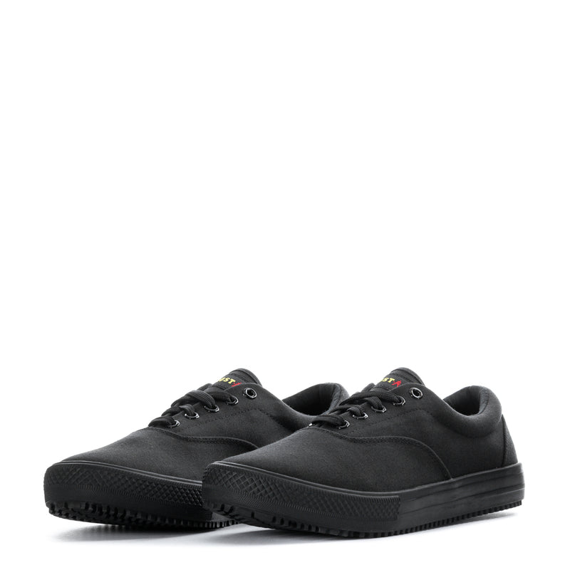 Men's black lace-up sneaker pair, front angled view