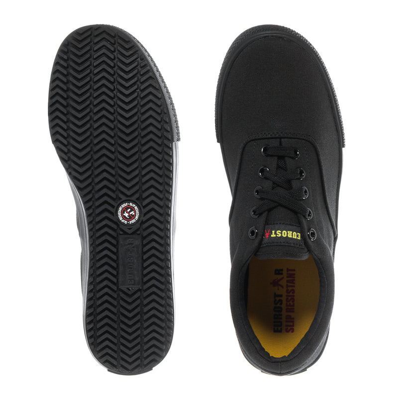 Black sneaker sole tread and lace panel, interior view