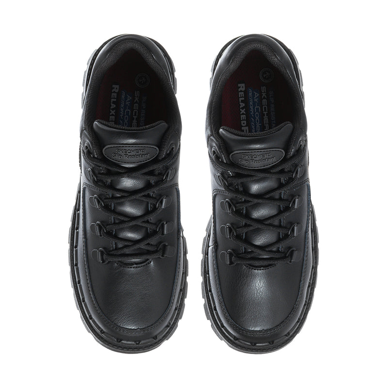 Women's black slip-resistant sneaker, top view showing laces and padded collar