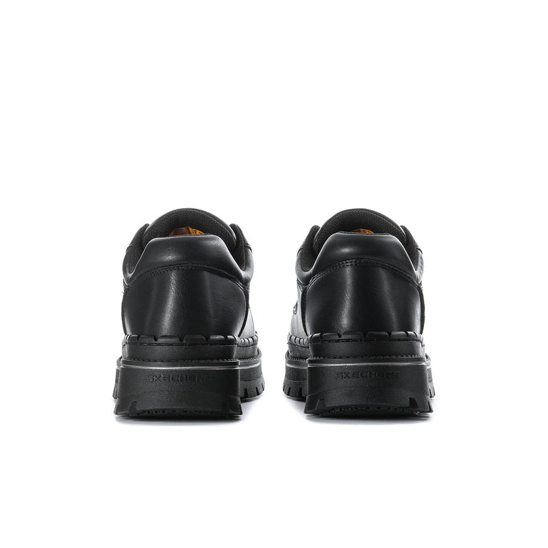 Women's black slip-resistant sneaker, rear view with heel and stitched back