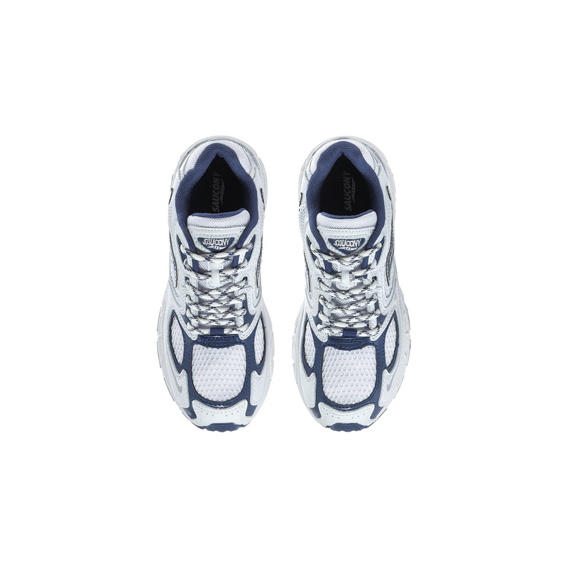 Kids lace-up shoes with padded collars, white uppers and navy interior lining