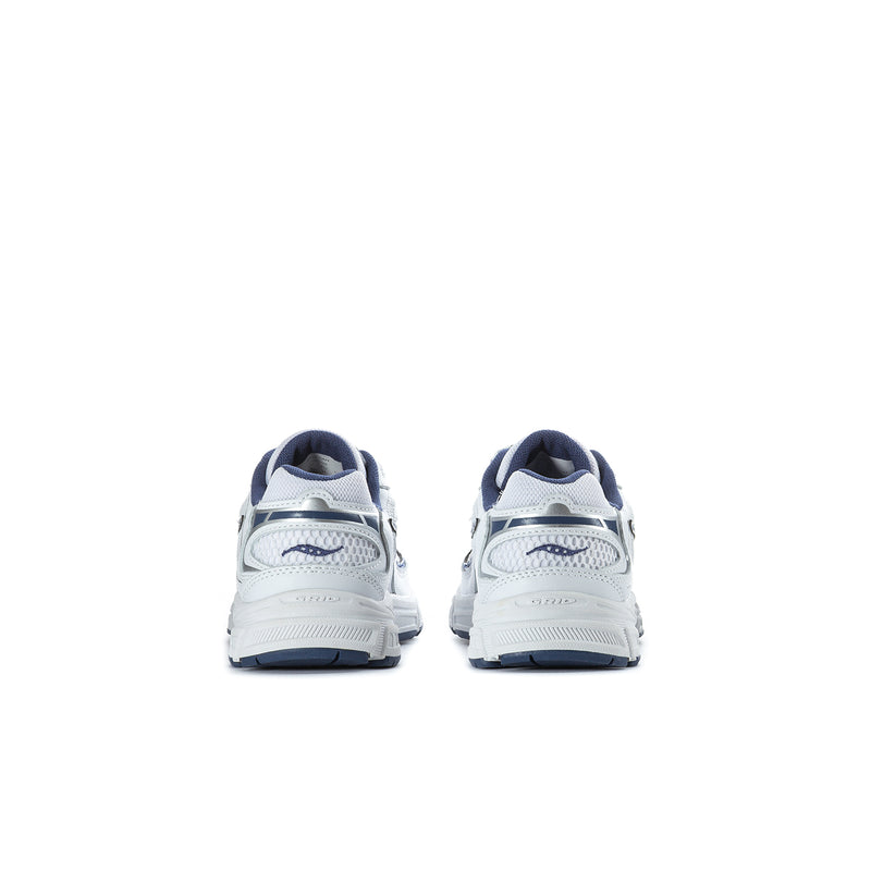 Kids lace-up shoes, rear view with navy heel tabs and white cushioning
