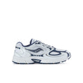 Youth running shoe in white and navy, side profile with lace-up and logo