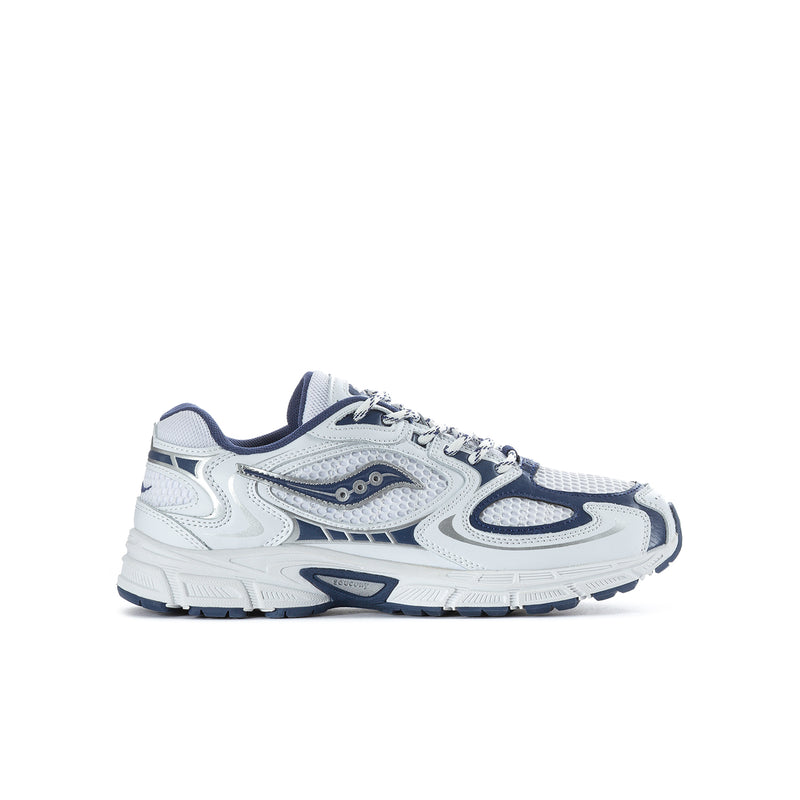 Youth running shoe in white and navy, side profile with lace-up and logo