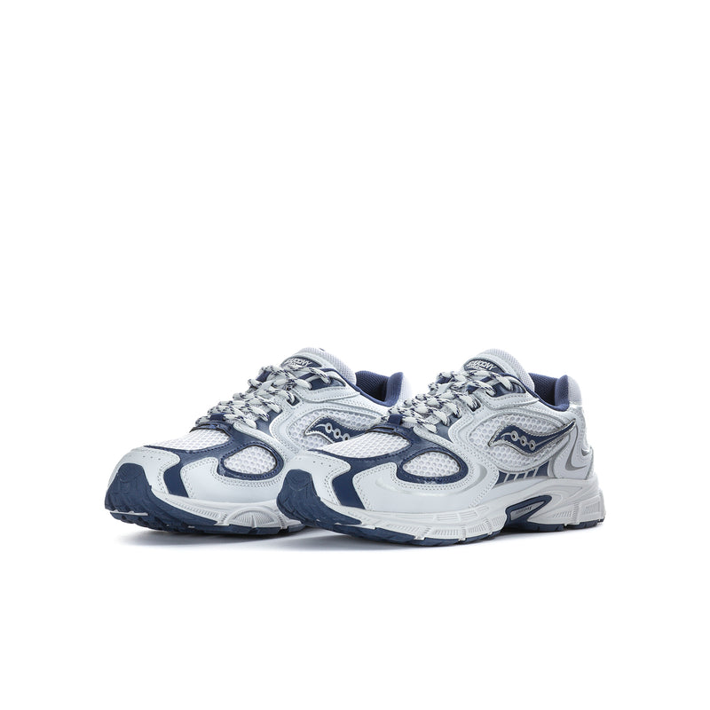 Youth running shoe pair, white and navy, angled side view