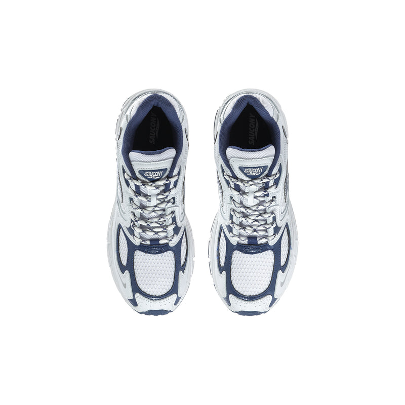 Youth running shoe pair, white and navy, front view with laces and padded collar