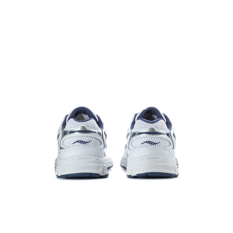 Youth running shoe pair, white and navy, rear view with heel counter