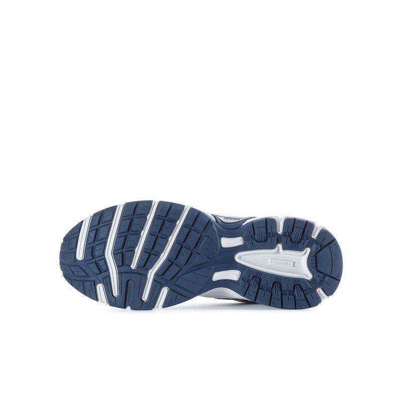 Youth running shoe outsole, navy tread with white midsole, heel and forefoot grooves