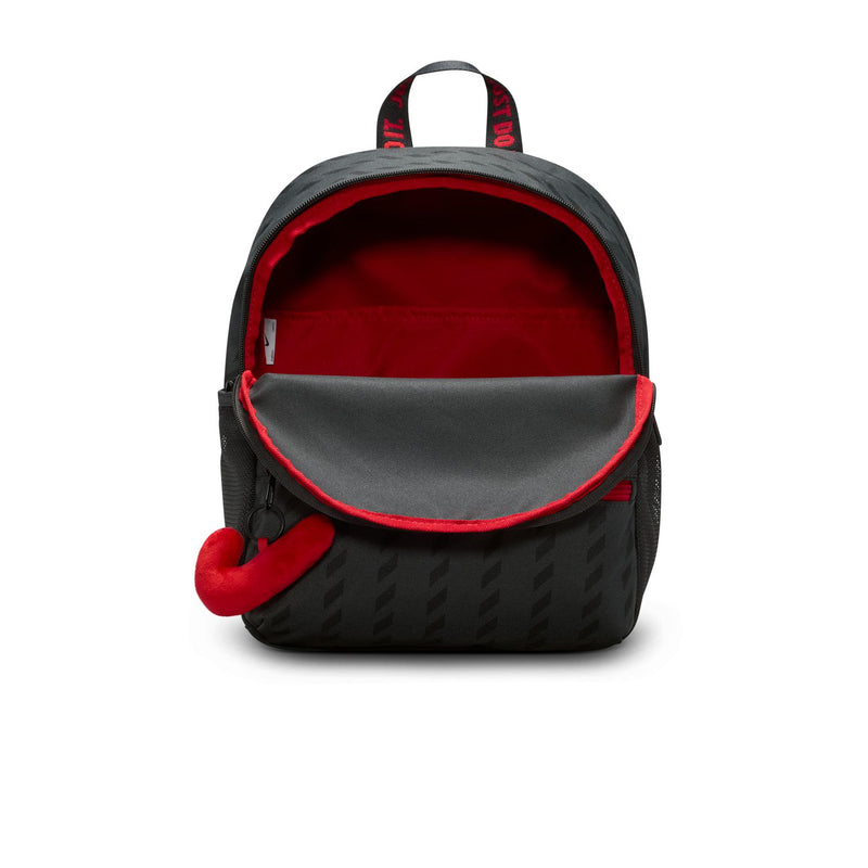 Mini black backpack with open top showing red-lined interior and front zipper