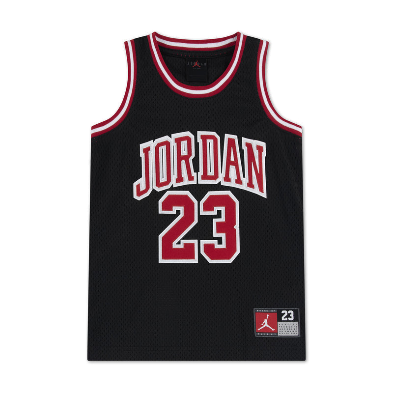 Kids black basketball jersey with 'JORDAN 23' graphic and red-and-white trim