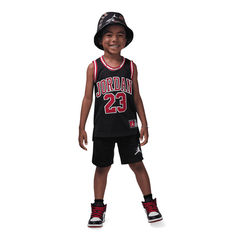Kids black basketball jersey with 'JORDAN 23' front graphic and red-and-white trim