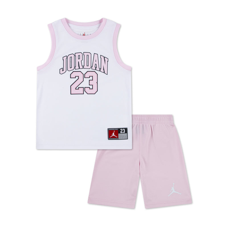 Kids white sleeveless jersey with Jordan 23 logo and light pink shorts set