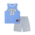Kids Jordan jersey set: blue sleeveless top with 'Jordan 23' and gray shorts