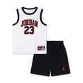 Kids basketball jersey and shorts set, white with black trim, red Jordan 23 graphic.