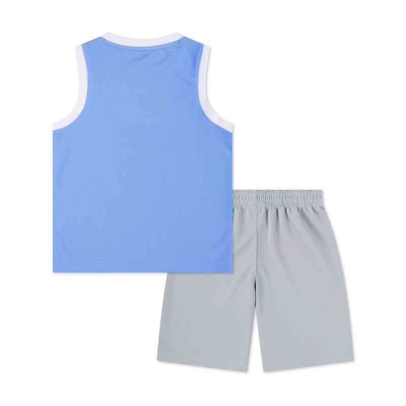 Kids jersey set: blue sleeveless top and light gray shorts, back view