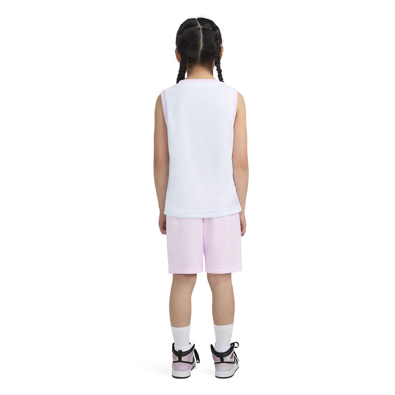 Kids back view: white sleeveless jersey and light pink shorts