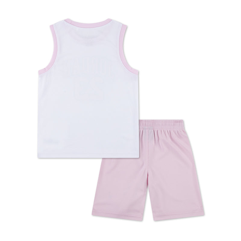 Kids white sleeveless jersey and light pink shorts set