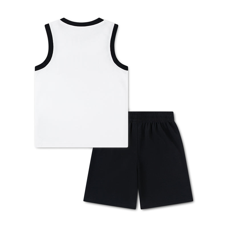 Kids basketball set flat lay: white jersey and black shorts, no front graphic visible.