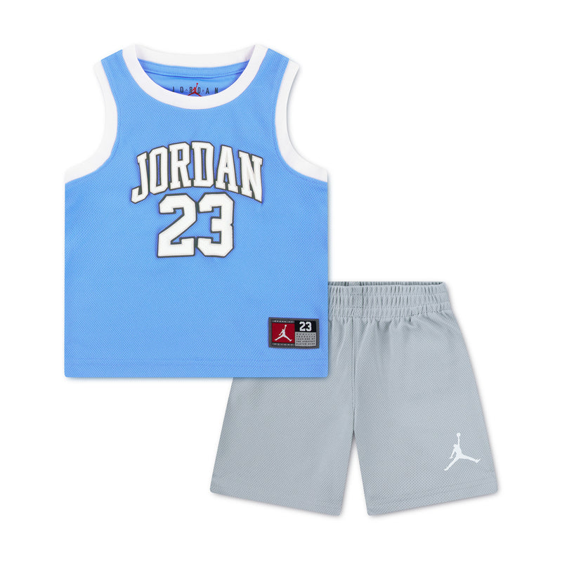 Toddler Jordan 23 jersey set with 'JORDAN 23' on blue top and Jumpman on shorts