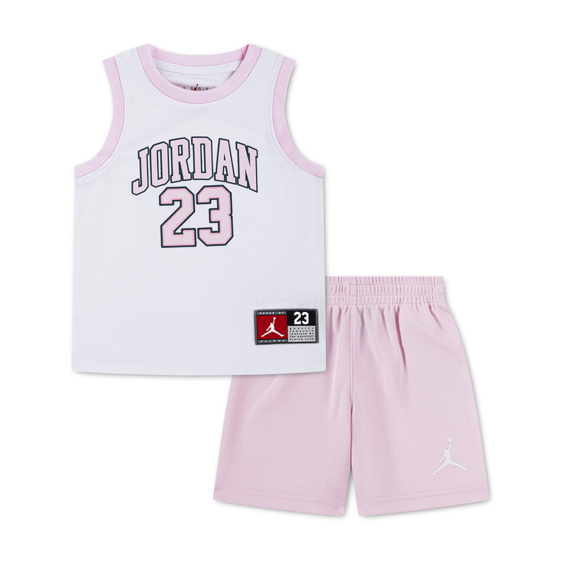 Toddler Jordan jersey and shorts set, white with pink trim and 'JORDAN 23' print