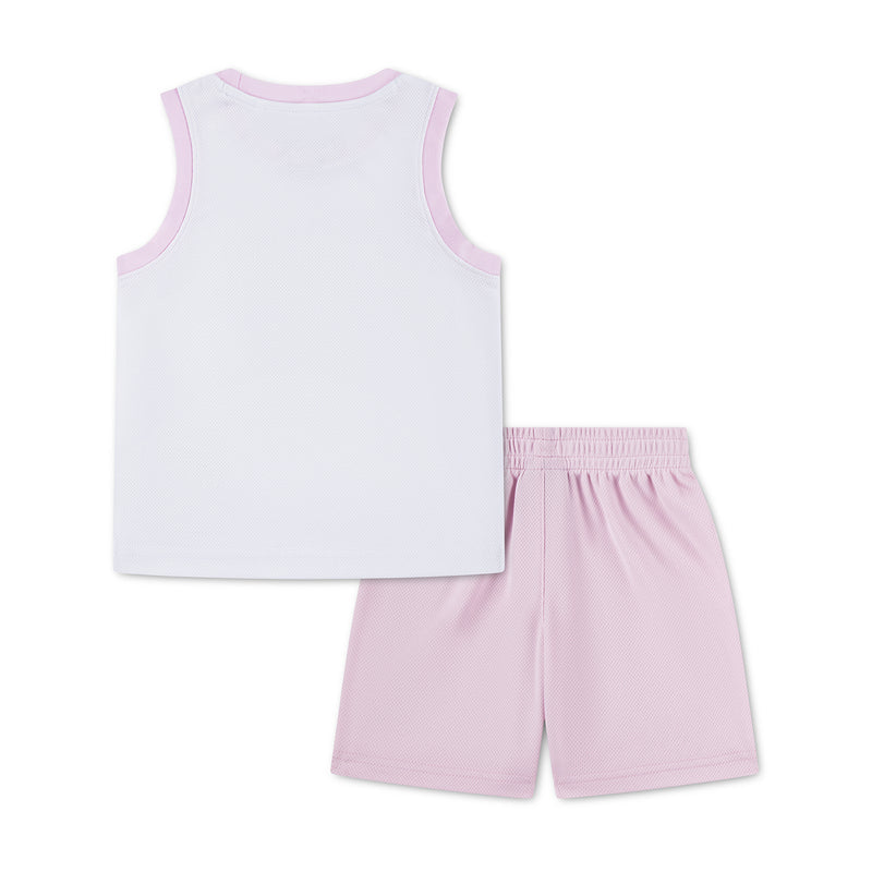 Toddler Jordan jersey and shorts set, sleeveless white top and light pink shorts