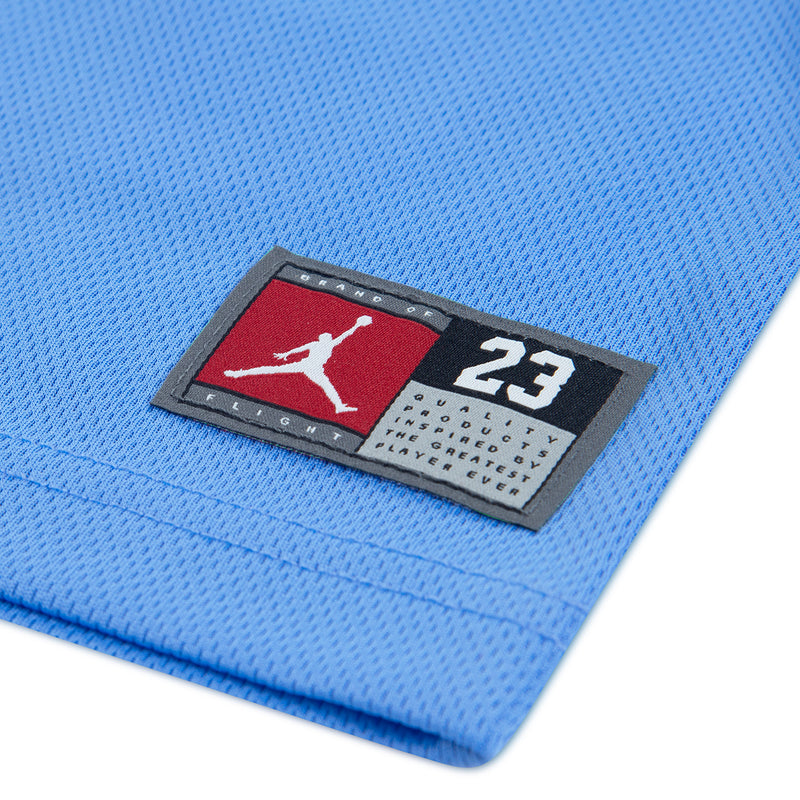 Toddler jersey hem patch details, blue mesh with red and black 23 label
