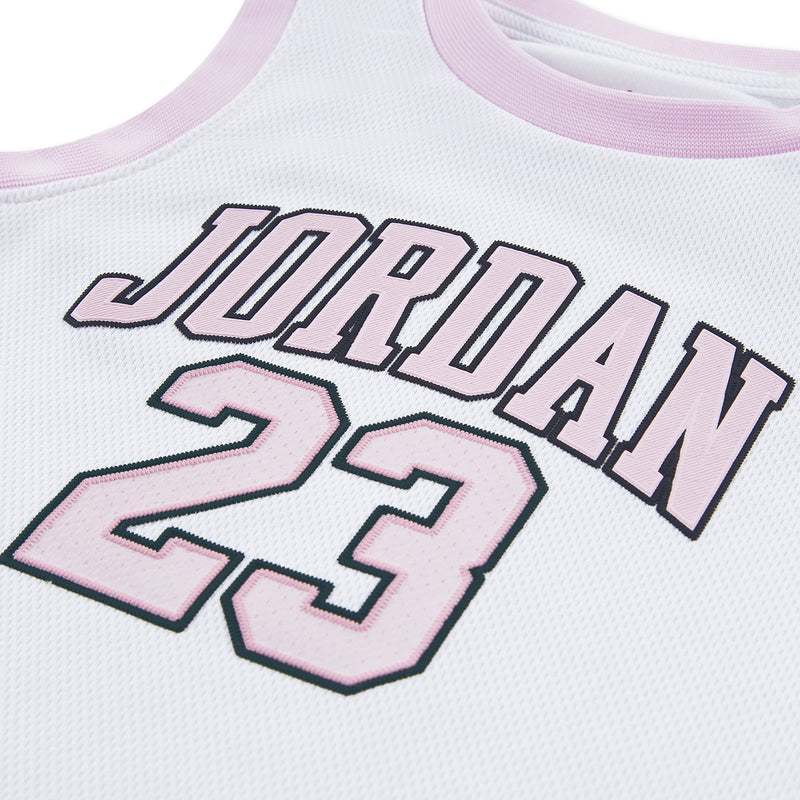 Toddler jersey with 'JORDAN 23' graphic, white mesh with pink trim