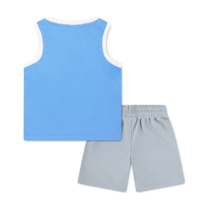 Toddler jersey set with blue sleeveless top and light gray shorts, elastic waist
