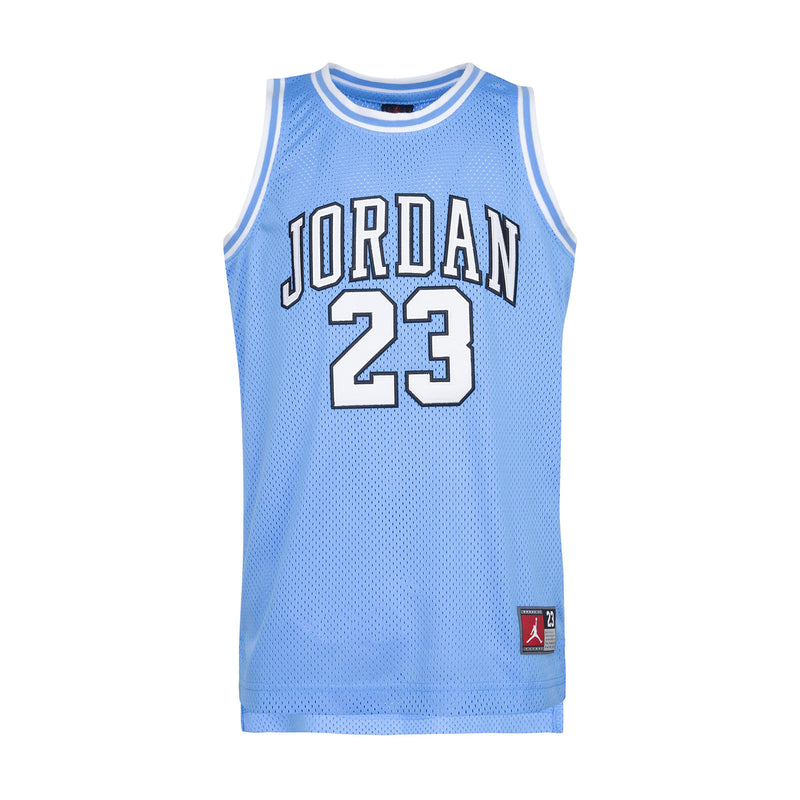 Youth light blue basketball jersey with Jordan 23 front graphic and mesh texture