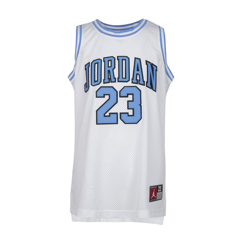 White youth basketball jersey with Jordan 23 front graphic and light blue ribbed neckline