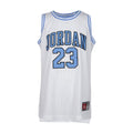 White youth basketball jersey with Jordan 23 front graphic and light blue ribbed neckline