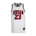 White youth basketball jersey with red and black 'JORDAN 23' front graphic