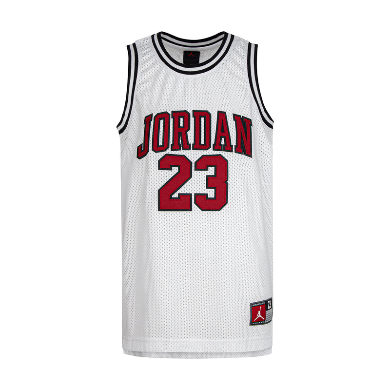 White youth basketball jersey with red and black 'JORDAN 23' front graphic