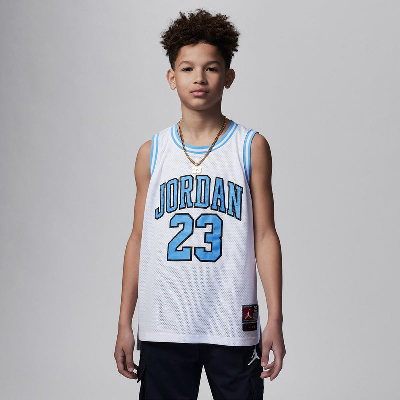 White youth basketball jersey with Jordan 23 front print and small side logo tag