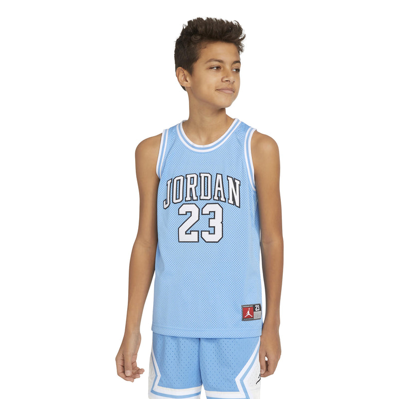 Youth light blue basketball jersey with Jordan 23 front and small side logo