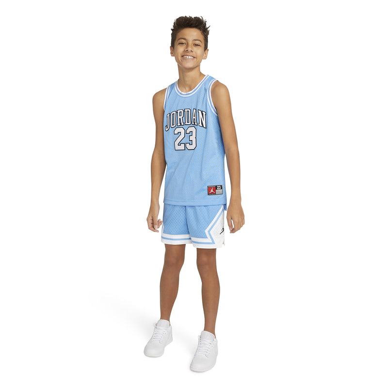 Youth light blue basketball jersey with Jordan 23 front graphic and side logo