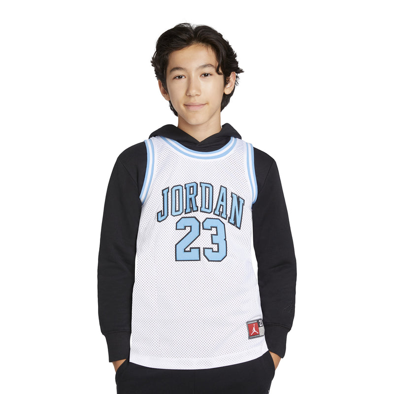 White youth basketball jersey with Jordan 23 front print and light blue trim